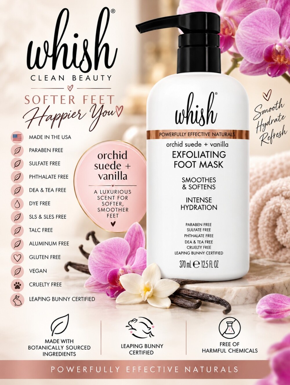 Whish Large Orchid Suede + Vanilla Exfoliating Foot Mask 12.5oz With Pump